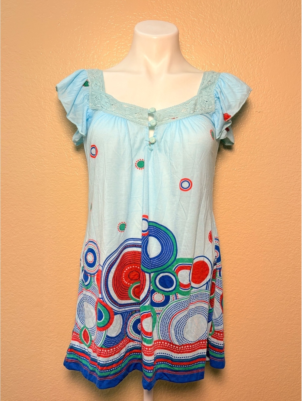 Y2K Miss Chevious Light Blue babydoll Colorful Circular Print Lace Trim #11